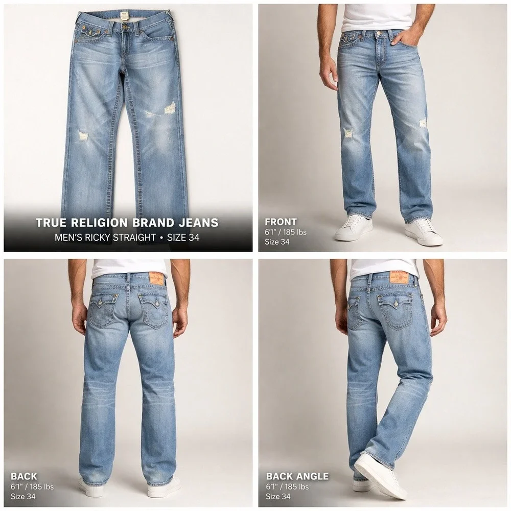 True‎ Religion Ricky Straight Leg Jeans Mens 34 Light Wash Distressed USA Y2K